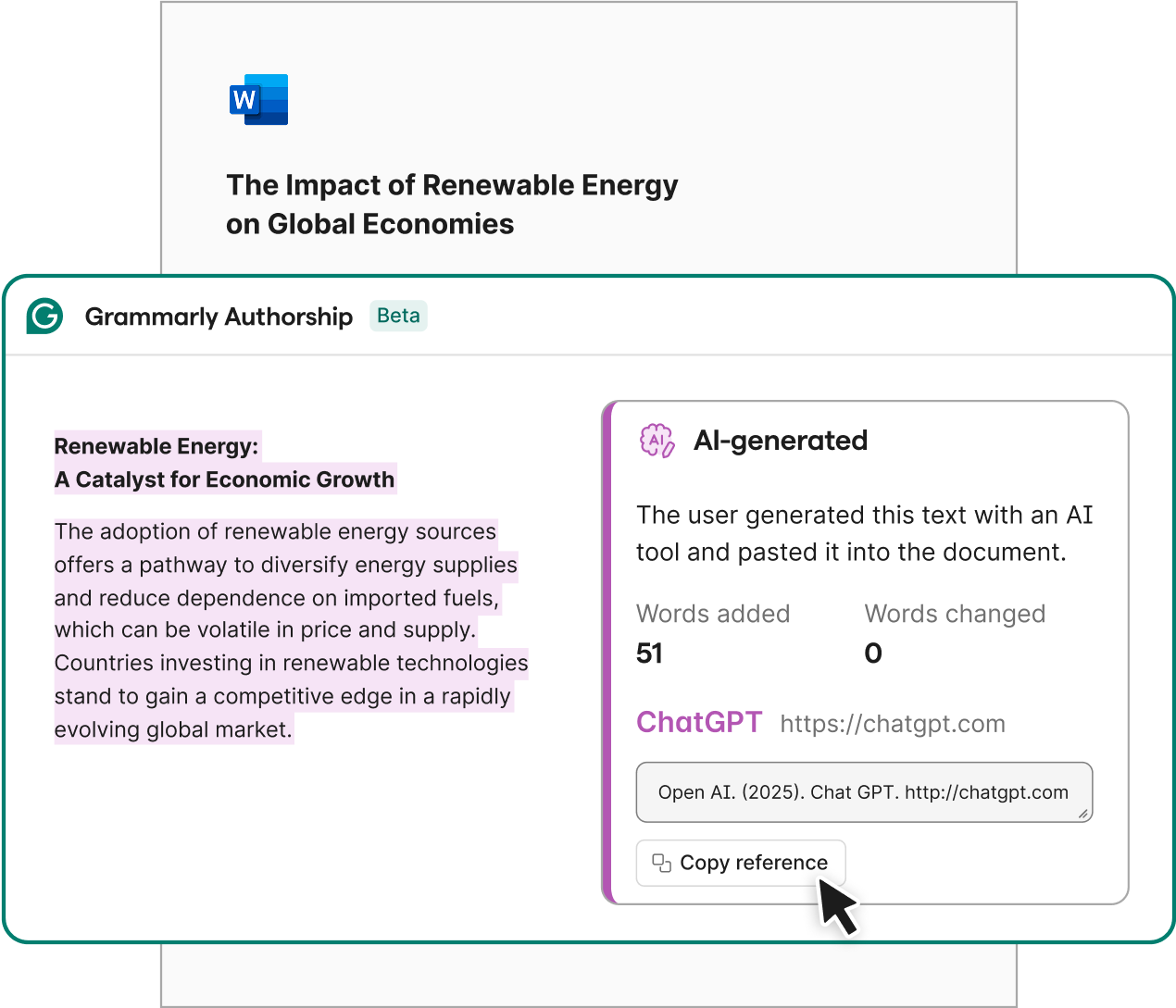 Grammarly Authorship showing content that is AI generated